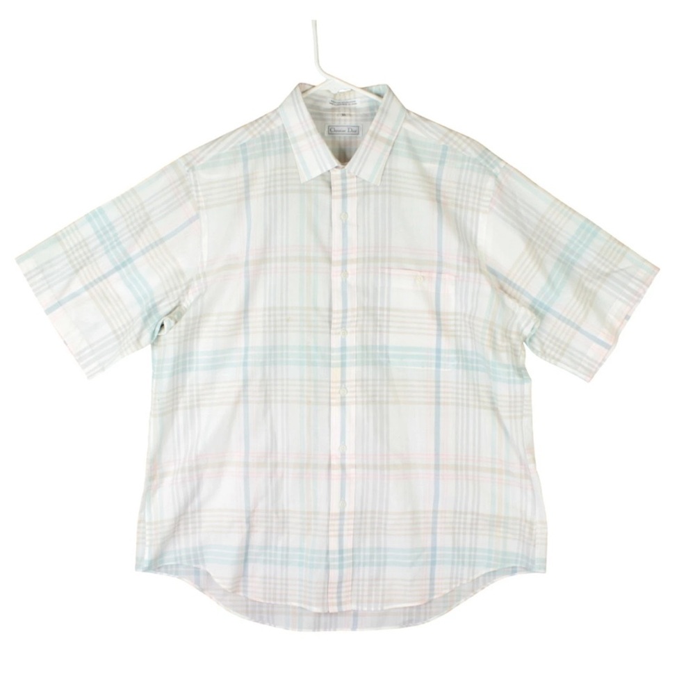 Vintage Christian Dior Shirt Men Sz XL White Plaid Short Sleeve Button Up 90s